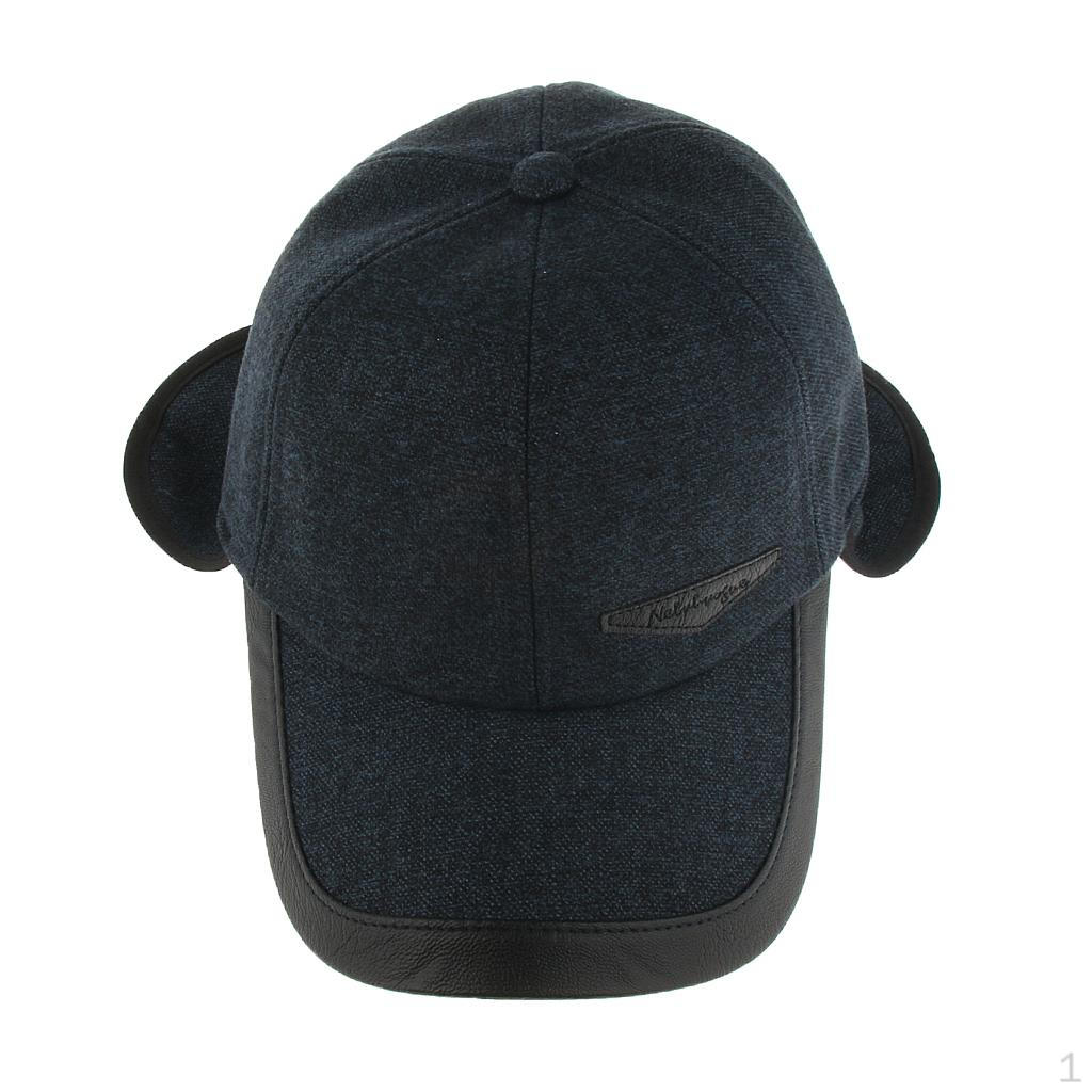 Autumn Winter Baseball Cap With Folding Earmuffs Men Hat Warm Wool Windproof Dark blue
