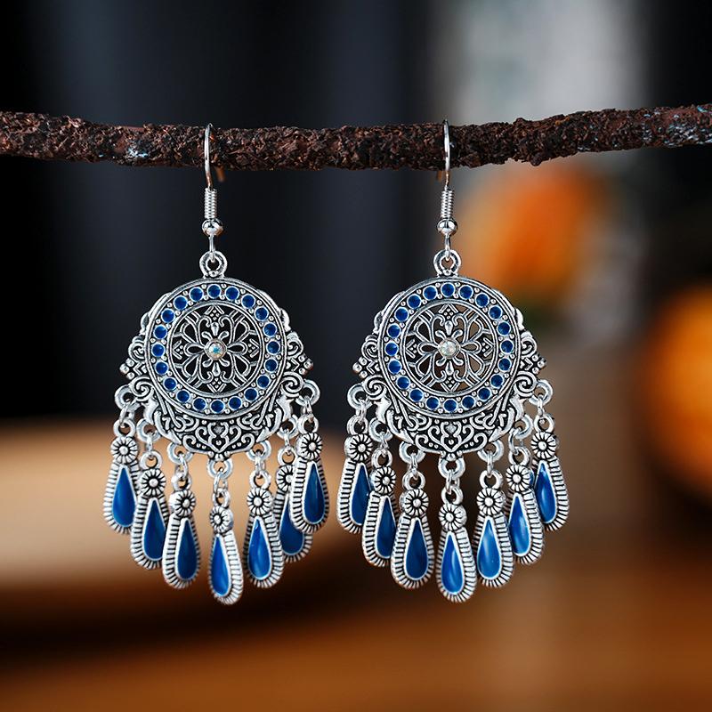 Ethnic Style Drop Oil Tassel Water Drop Earrings for Women Elegant Silver Color Vintage Hollow Out Carved Earring Female Jewelry