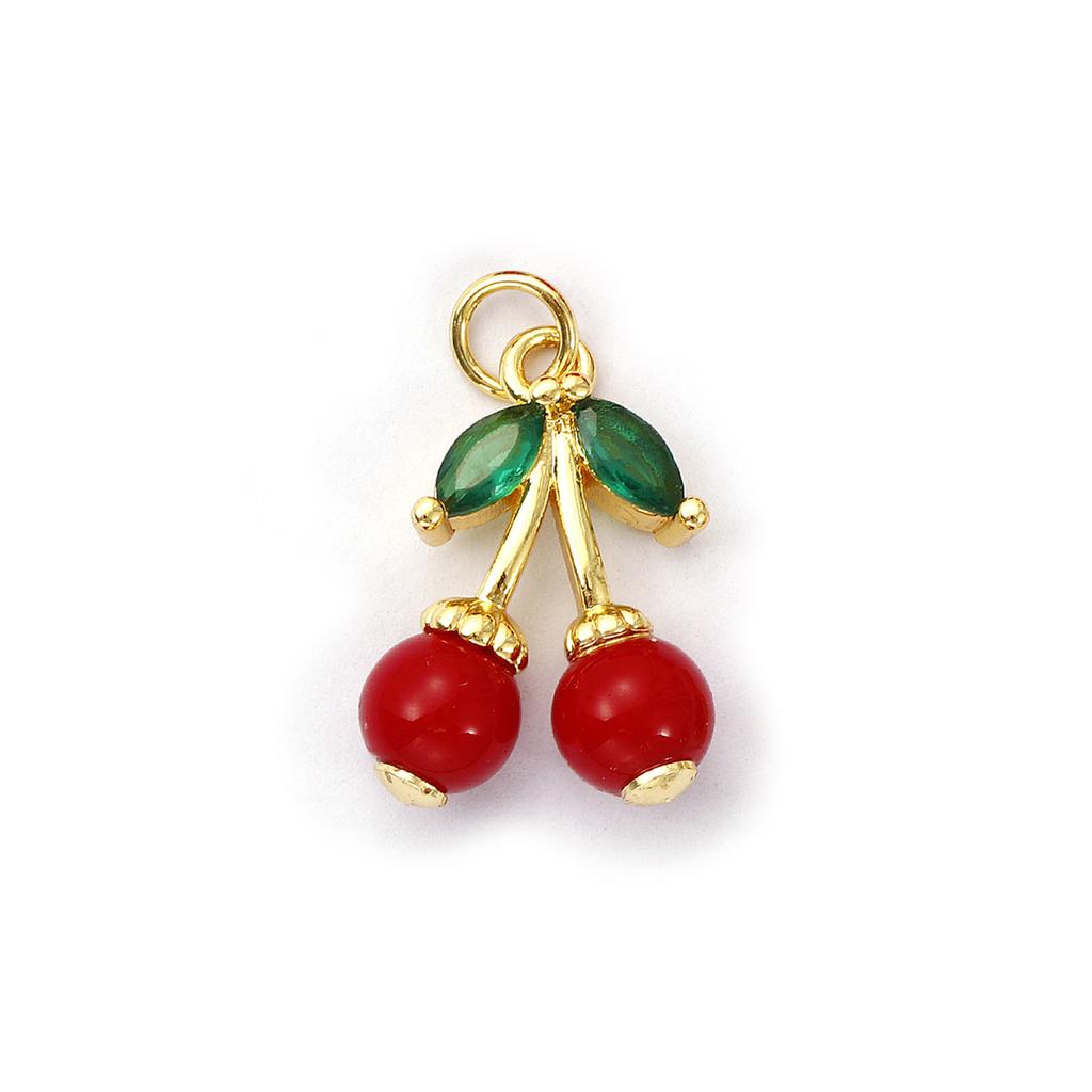 1 Piece Brass Charms 18K Gold Plated Red Cherry Fruit Cubic Zirconia Pendants For Necklace Bracelet Earrings Jewelry Making