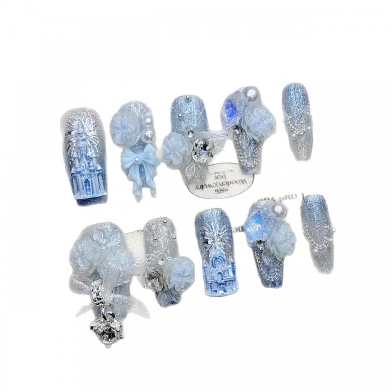 Handmade French Style Press-On Nails 2026 Mid-Length Blue Castle Design Women Girls