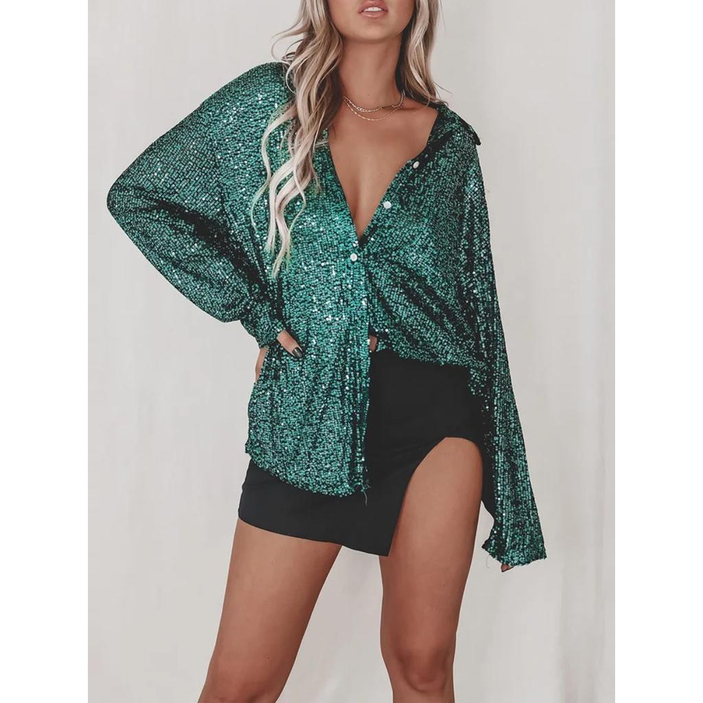 Chemisier ample à paillettes pour femme, cardigan décontracté à revers, nouveau vêtement d'extérieur, blouse de fête à paillettes, chemise de luxe pour femme