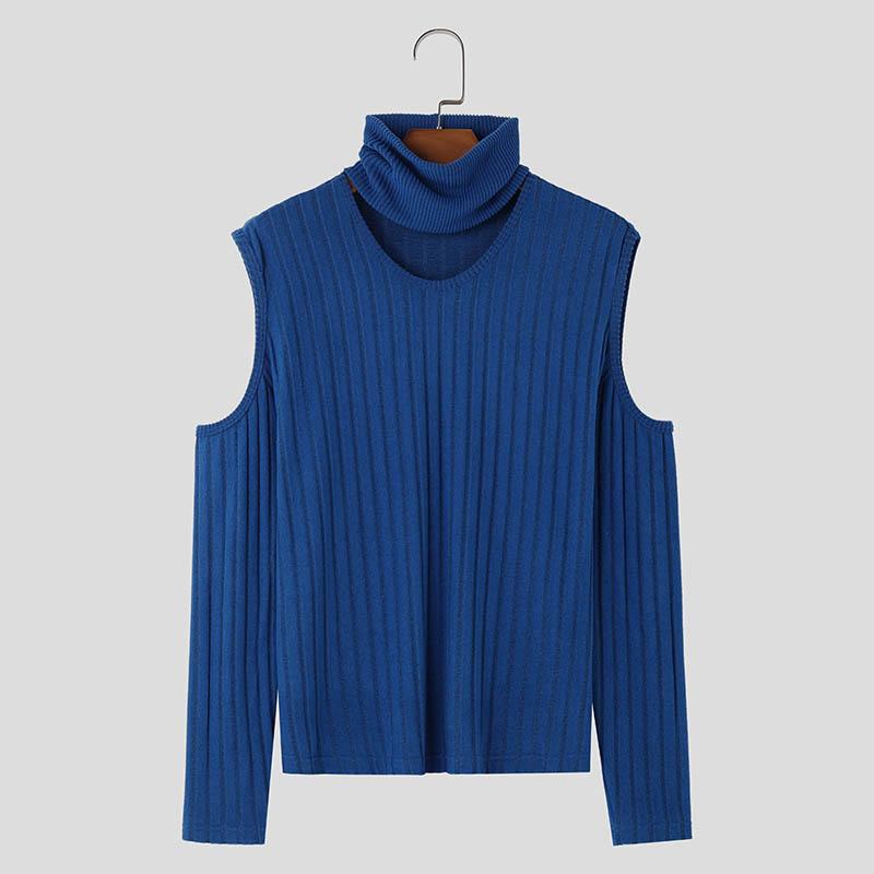 

INCERUN Мужские осенние вязаные свитера с высоким воротом и открытыми плечами, с длинным рукавом, повседневные облегающие джемперы 5XL синий