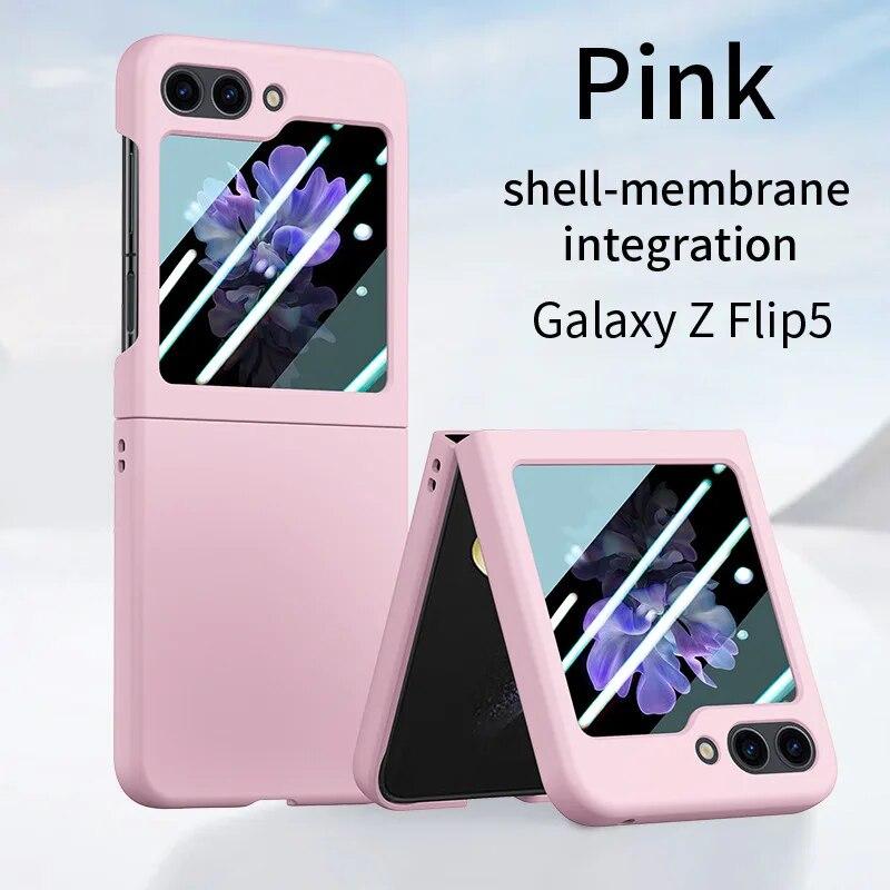 

Чохол для Samsung Galaxy Z Flip 5 5G Ultra Thin PC Skin Feeling Solid Colour With Temper Glass Full 360 Degree Cover For Z Flip5 For Galaxy Z Flip 5 рожевий