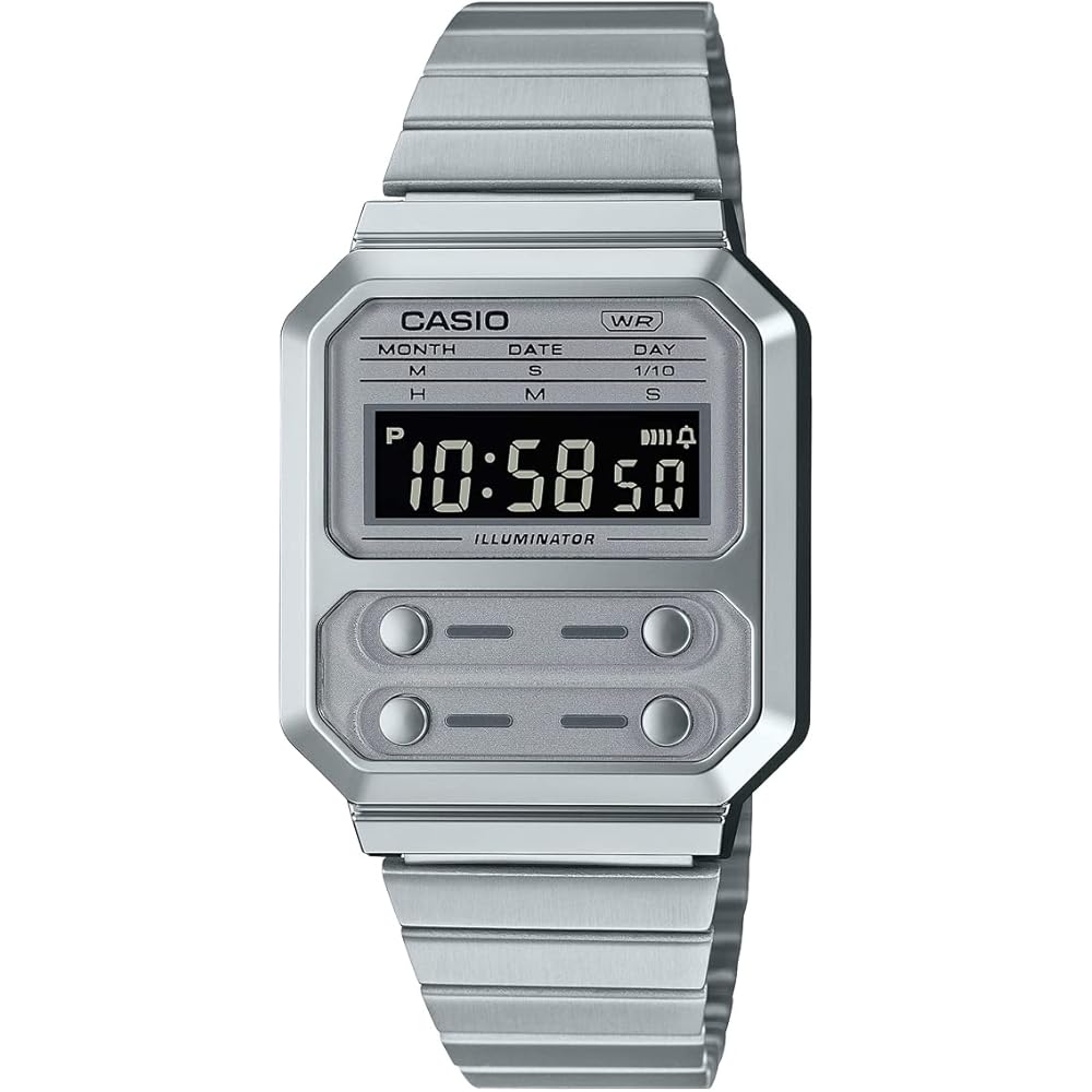 Casio A100WE-7B Retro Digital Watch Silver Stainless Steel Unisex Bracelet Timepiece