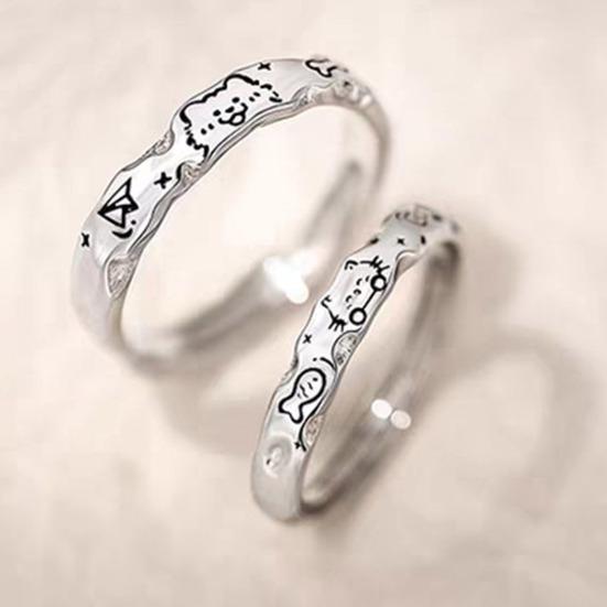 Couple Ring Cartoon Cat Fish Dog Bone Graffiti Design Matte Wavy Edge Textured Surface Finger Ring Non-Oxidizing Jewelry Gift