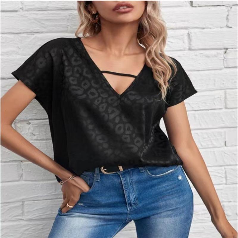 Spring Women's Clothing Color Ding V-neck Satin Top Loose Fitting Women's Clothing T-Shirts Women’s