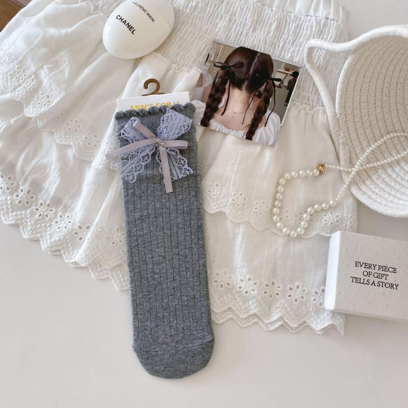 Female Spring and Autumn New Wave Dot Bow Sweet Lace Ballet Wind Drum Pile Socks