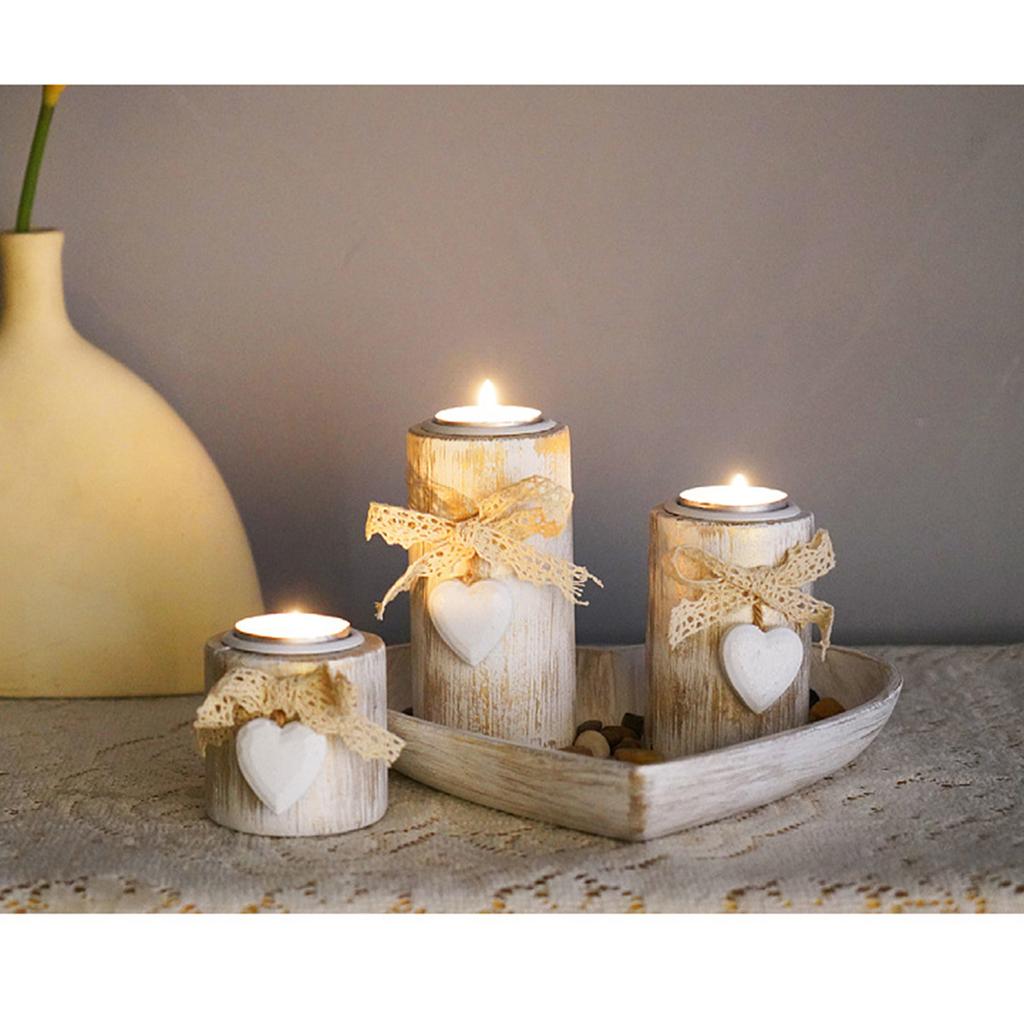 Decorative 3Pcs Wood Tealight Candle Holders with Heart Shape Tray for Dining Table Centerpieces and Living Room Decors