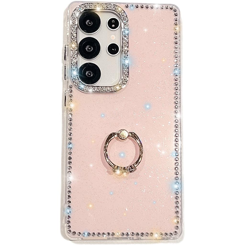 For Samsung Galaxy S24 Ultra Case with Ring Kickstand Rhinestone Edge TPU+PC IMD Phone Cover