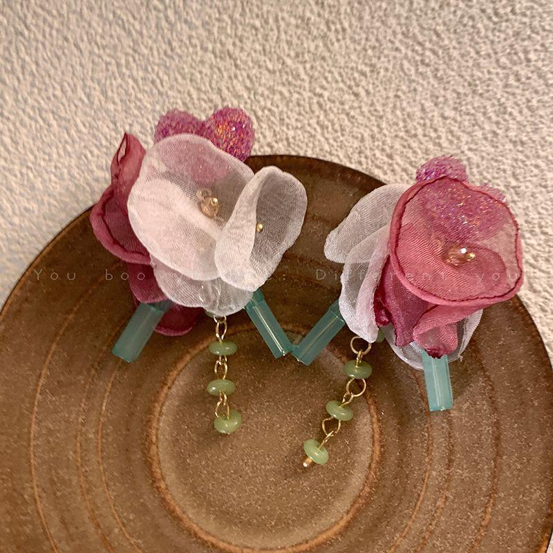 Mint Mambo Green Seaside Vacation Style Crystal Flowers Tassel Stud Earrings for Women Long High Profile Generous Earrings Earrings