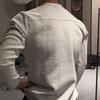 Mens Light Gray Waffle Knit Sweatshirt Embroidered Red Label Heavyweight Crewneck Long Sleeve Top Fall Winter
