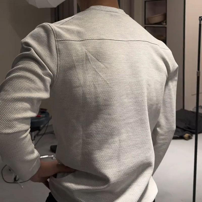 Mens Light Gray Waffle Knit Sweatshirt Embroidered Red Label Heavyweight Crewneck Long Sleeve Top Fall Winter