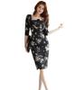 Floral Print Tight Square Midi Perfect for Special and Sizes 1424 [Village H&T] Women's Dress, Fit, Neck, Three-Quarter Sleeves, Length, Elegant,