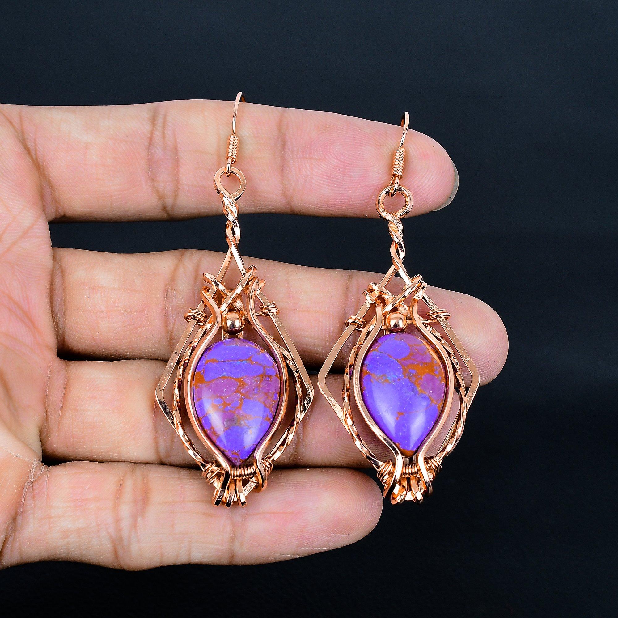 

Purple Copper Turquoise Earrings, 999 Copper Wire Wrapped Jewelry, Gemstone Earrings, Gift For Her Handmade Dainty Jewelry