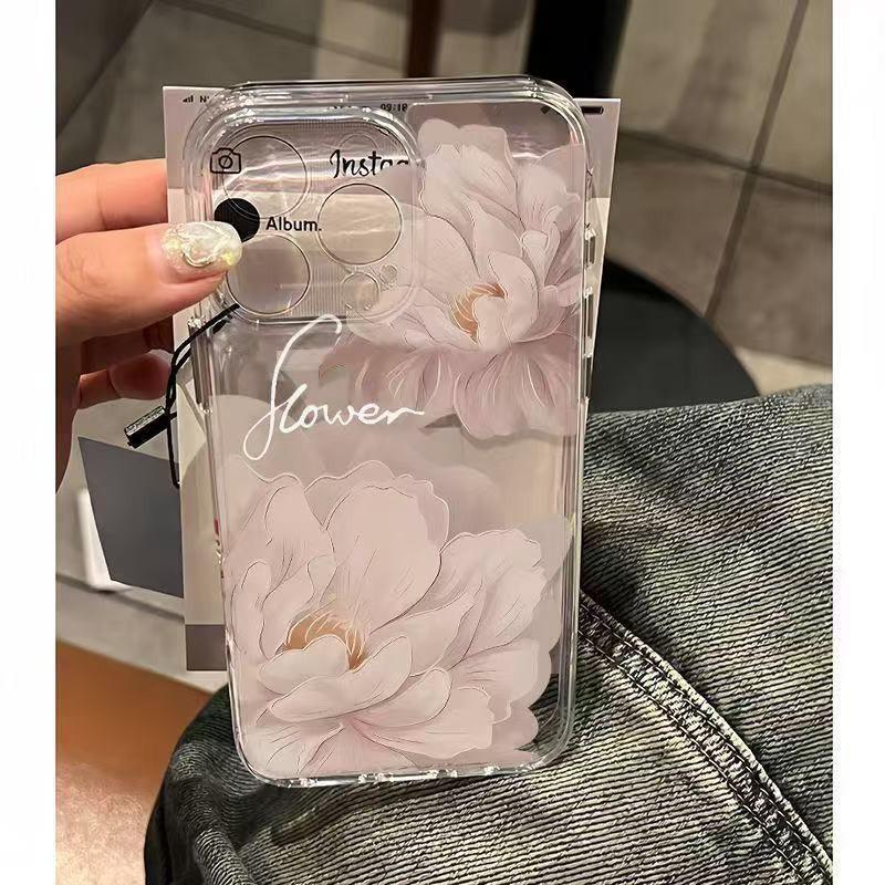 Funda para teléfono con estampado de flores blancas pintadas al óleo para iPhone 13/14/15/16 Pro Max y iPhone 17 Pro