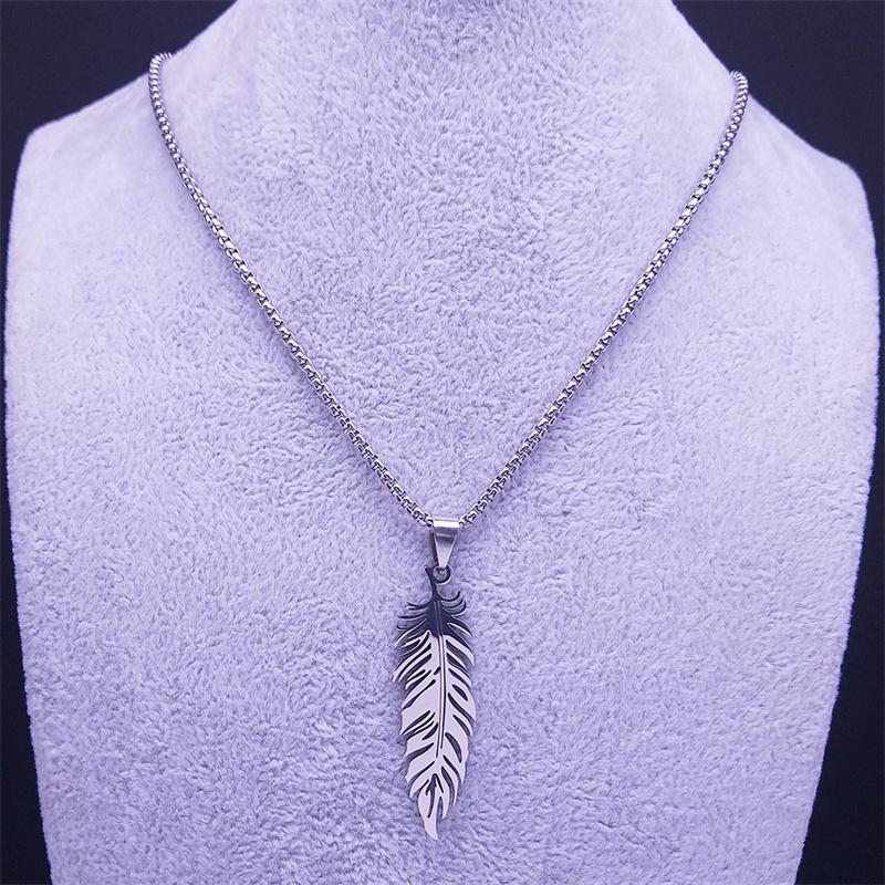 Boho Feather Pendant Male Necklace for Women Men Stainless Steel Silver Color Leaf Chain Jewelry Gift Collar Hombre N3393S01