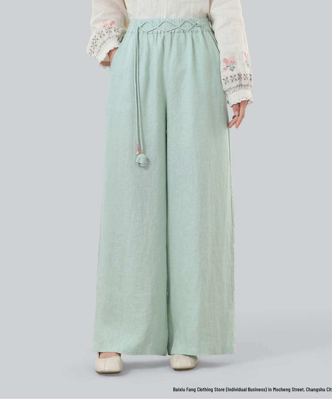 2026 Spring/Summer Women’s Retro Linen High-Waisted Wide-Leg Pants with Floral Pendant One Size