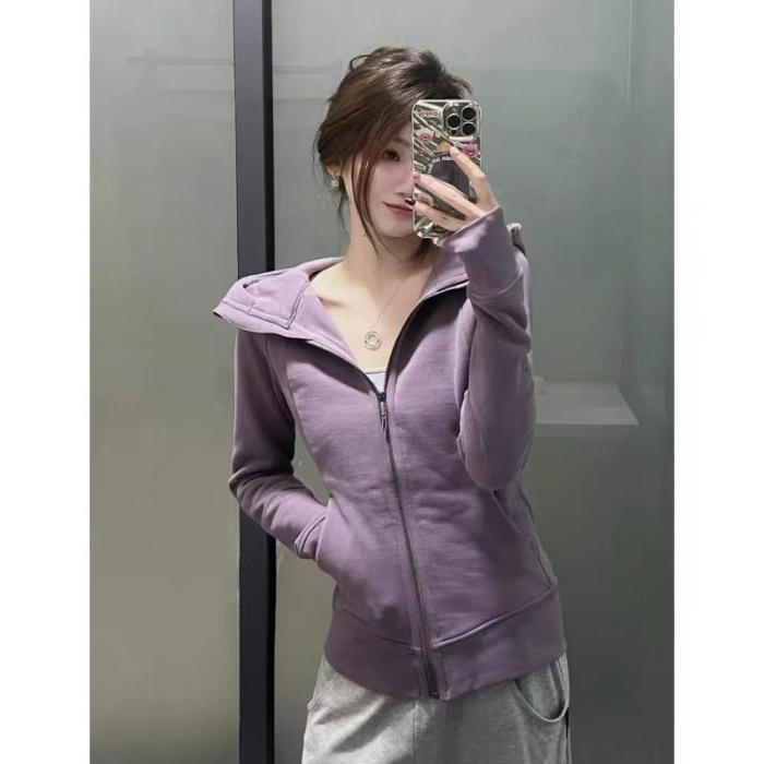 Women's Slim-Fit Pink Hooded Zip-Up Cardigan - Spring/Autumn Yoga Style