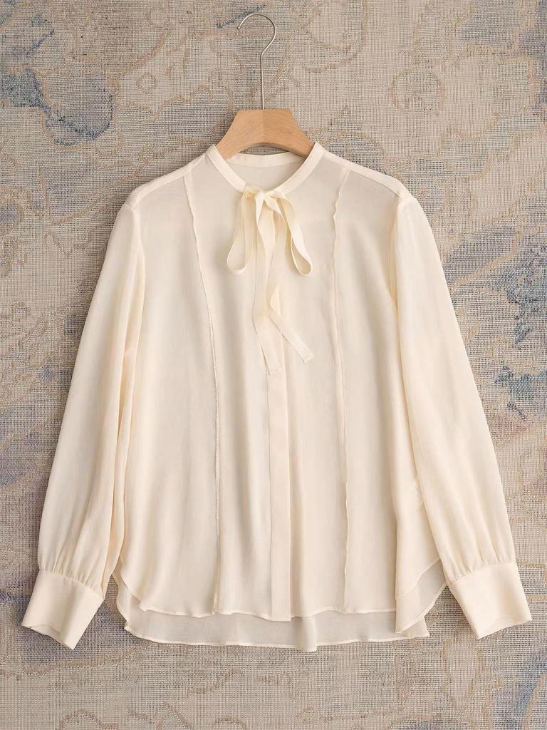 Xiao He 23 Momme Mulberry Silk Tie-Neck Crinkled Blouse