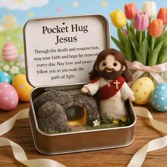 Boîte Hug de Poche de Pâques Figurine Jésus/Lapin/Mouton/Poussin/Papillon/Pierre en Feutre dans Boîte avec Carte Remplisseurs de Panier de Pâques Cadeau Inspirant pour Femmes