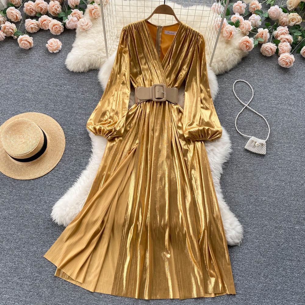 RUGOD Rochii europene și americane Temperament high-end cu decolteu în V Talie subțire și ușoară Stil matur Rochie lungă cu leagăn mare Femei