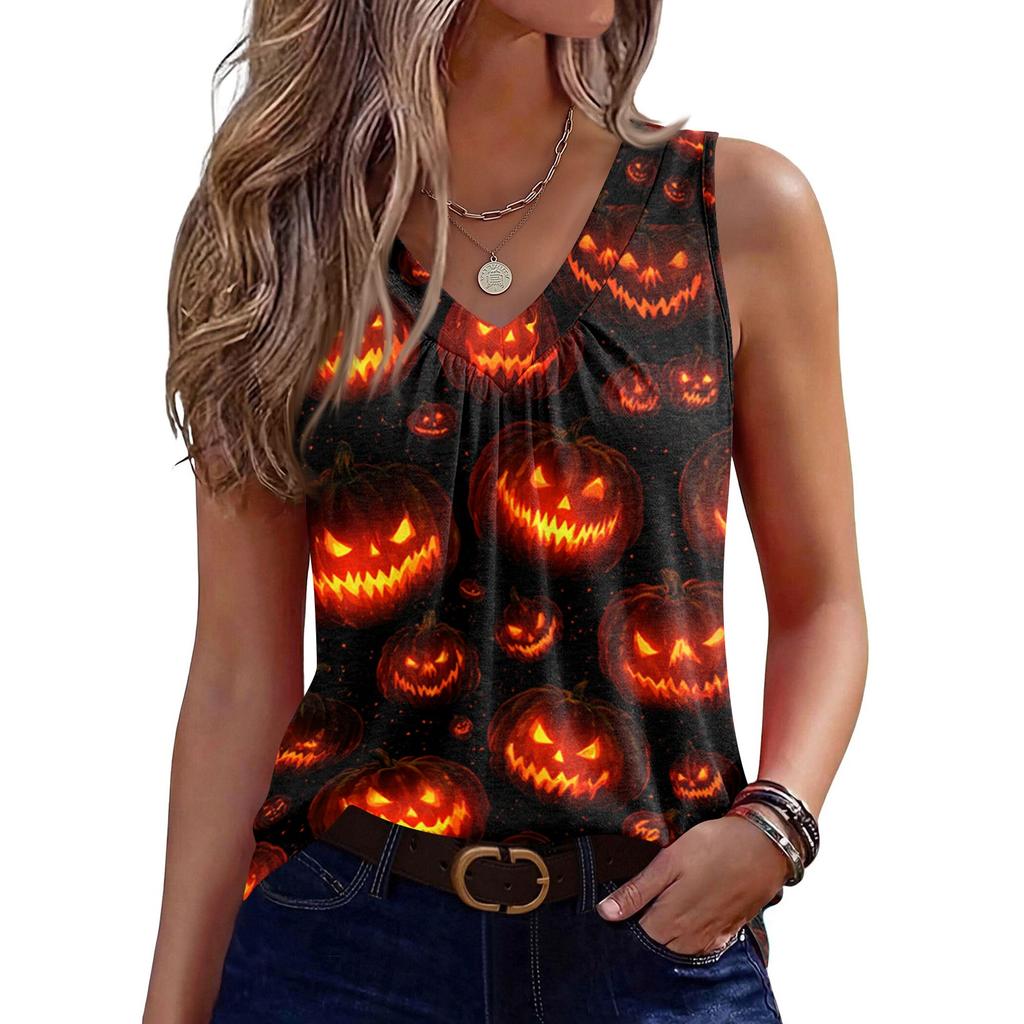 Women's Halloween Print V-Neck Sleeveless Tank Top