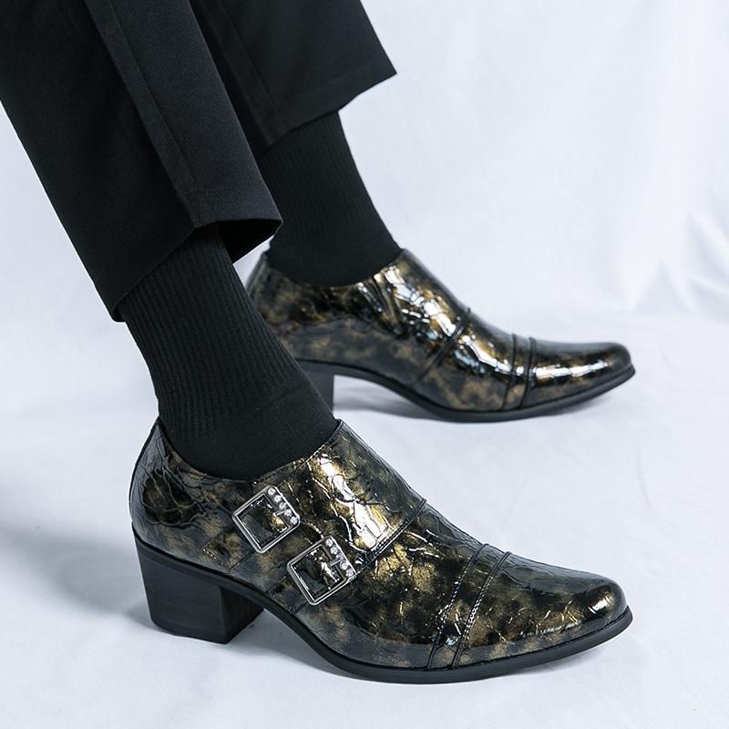 Brand Men Double Buckle Casual Leather Shoes Men's Casual Business Formal Shoes Fashionable High-heeled Versatile Wedding Shoes