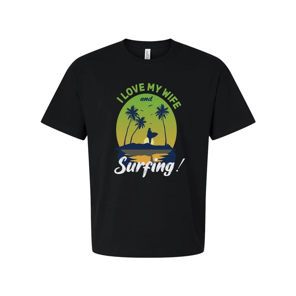 Unisex Surfing T-Shirt With Sunset Palm Trees And Surfer Silhouette Graphic Beac