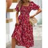 Women's Printed Square Neck Waisted Bubble Sleeve Layered Dresses