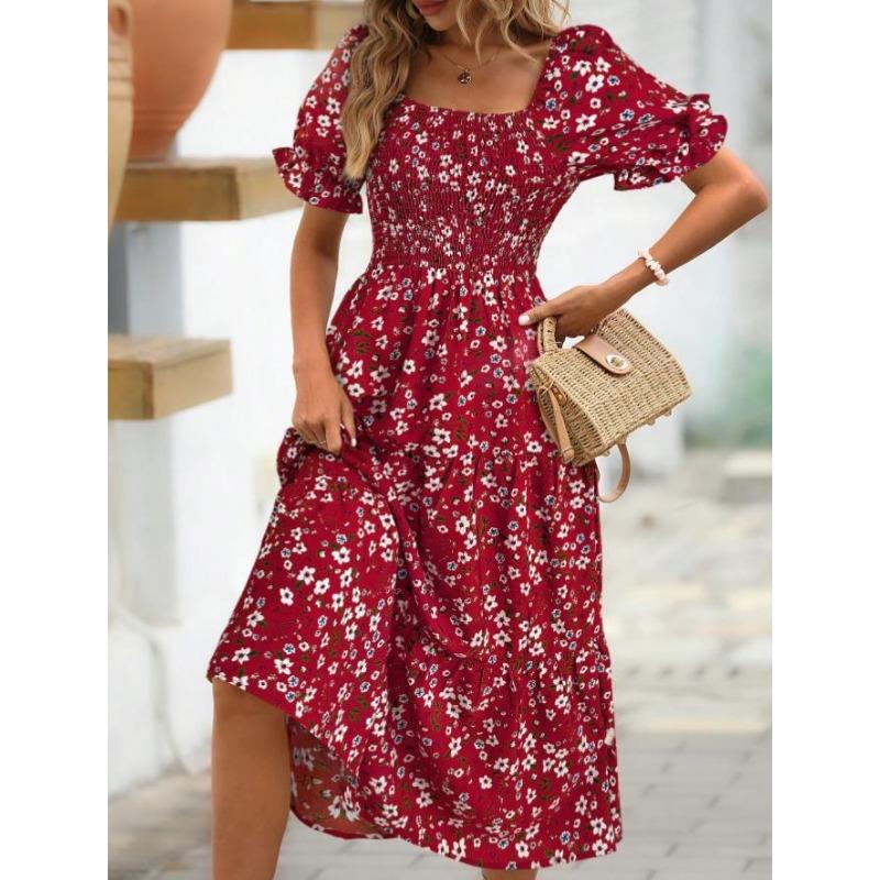 Women's Printed Square Neck Waisted Bubble Sleeve Layered Dresses