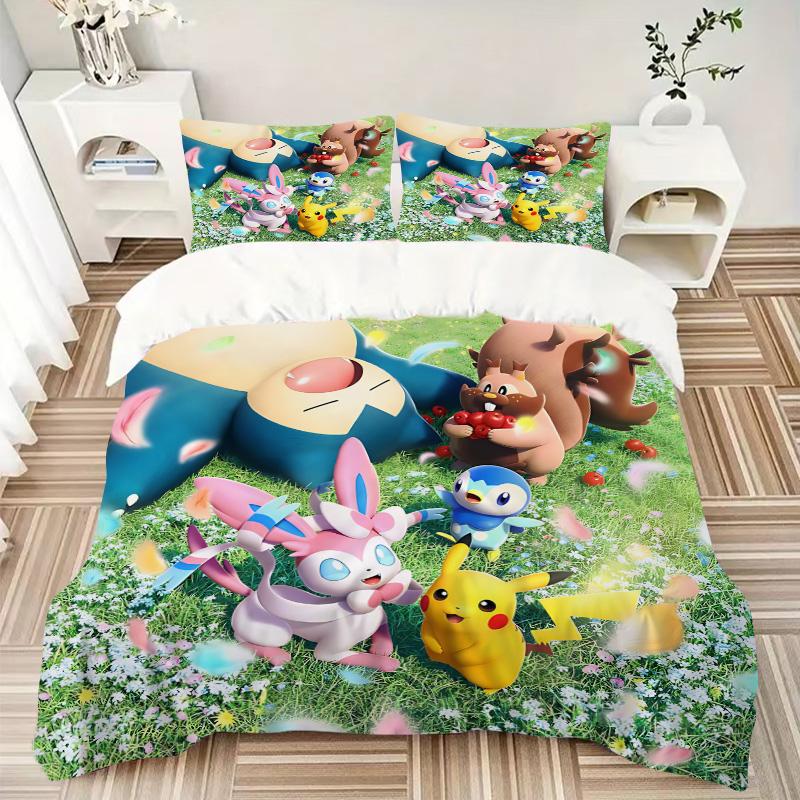 Meadow Pokmon Friends Print 3Pcs Bedding Set,Duvet Cover with 2 Bedro,Pillowcase Home Birthday Gift