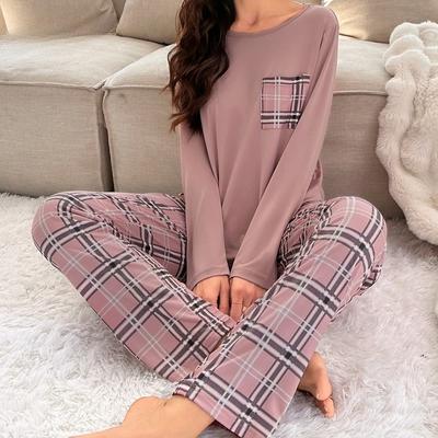 Women Long Sleeved Plaid Pants Pajamas Autumn Winter Woman Homewear Soft Loose Casual Outside Pjs Round Collar Nightwear