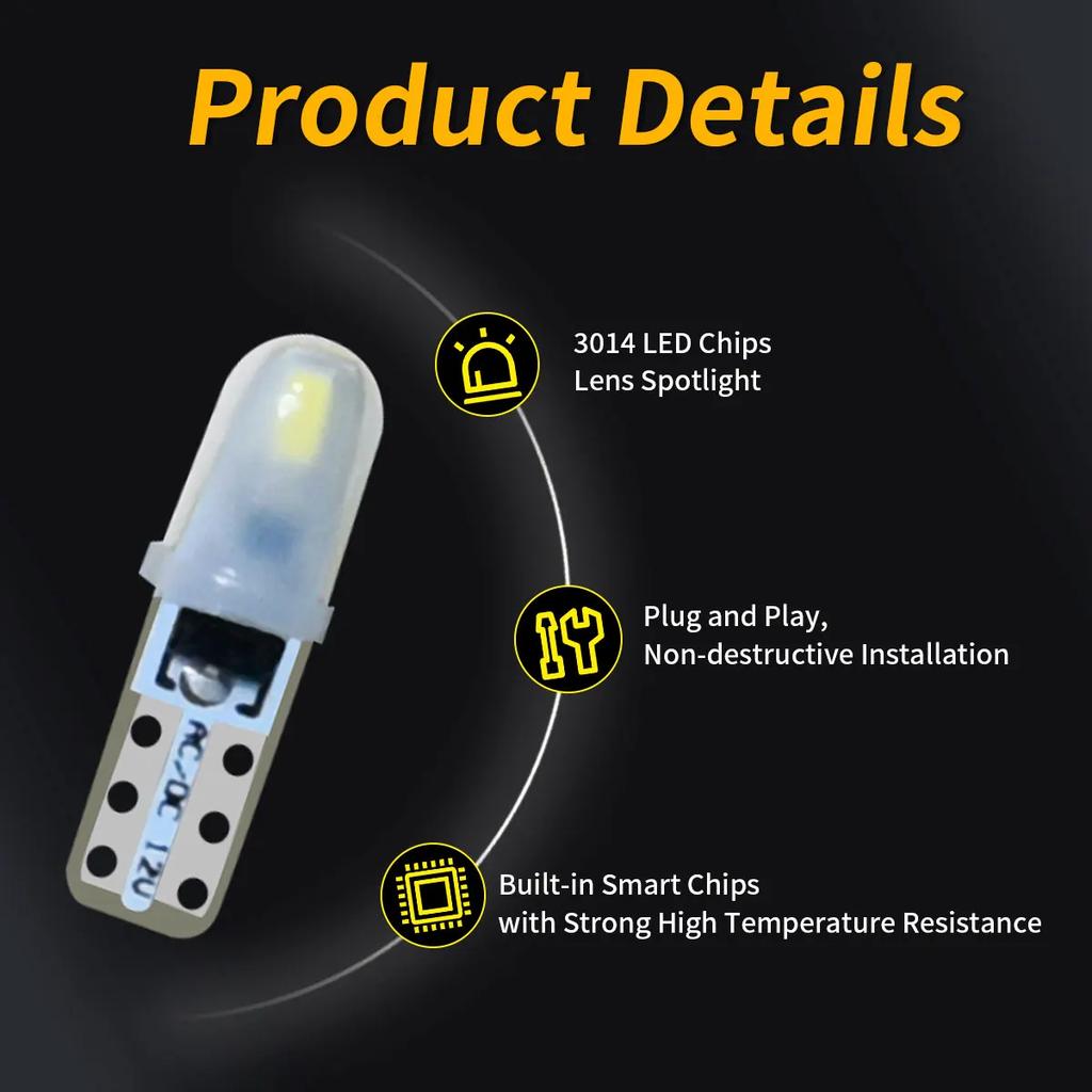 10 Pcs T5 Auto Car Dashboard Lights 2 3014 SMD Reading Instrument Panel Lamp No Polarity Led Bulb White 12V DC