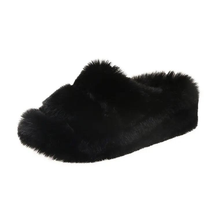 

Модные женские пушистые женские тапочки из искусственного меха класса люкс из пушистого плюша, мягкие домашние тапочки для девочек на платформе, плоские повседневные сабо с круглым носком, зимние 35 чёрный