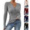 Damen Langarm T-Shirts Lässig Einfarbige Knöpfe Strickpullover Oberteile Gerippte Blusen Trendige Outfits