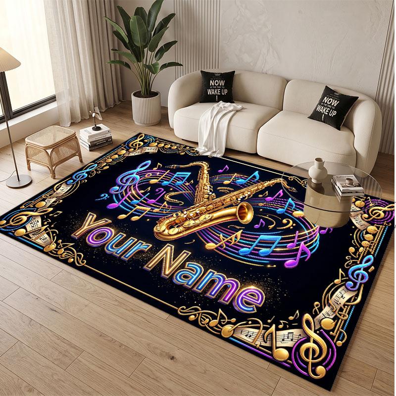 Alfombra de Terciopelo de Cristal Suave con Tema General de Música, Impresión de Nombre y Texto Personalizados, Alfombra de Suelo Antideslizante para Dormitorio Sala de Estar