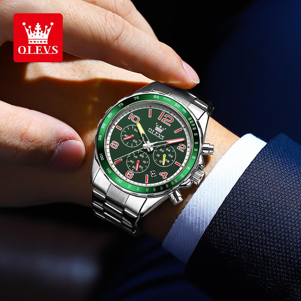 OLEVS TY714 Mens Watch Classic Fashion Original Quartz Chronograph Wristwatch Waterproof Stainless Steel Luminous Date With Box