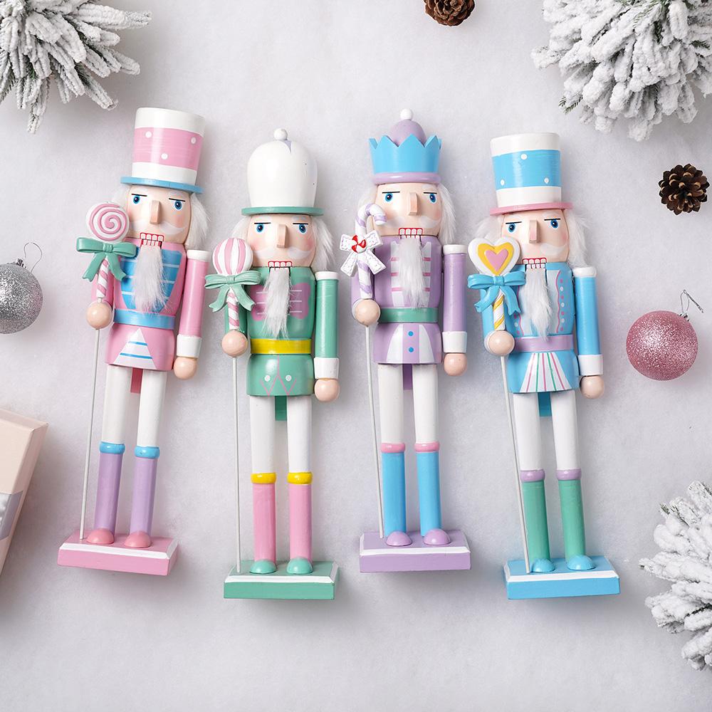 38CM Nutcracker 4styles Macaron- Colored Candy Theme Walnut Soldier Solid Wood Decorative Item Gift Handicraft Christmas NewYear