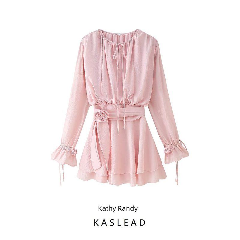 Kaslead New Women Clothes Western Style Fashion Sweet Casual Lace-up Flower Decoration Dress