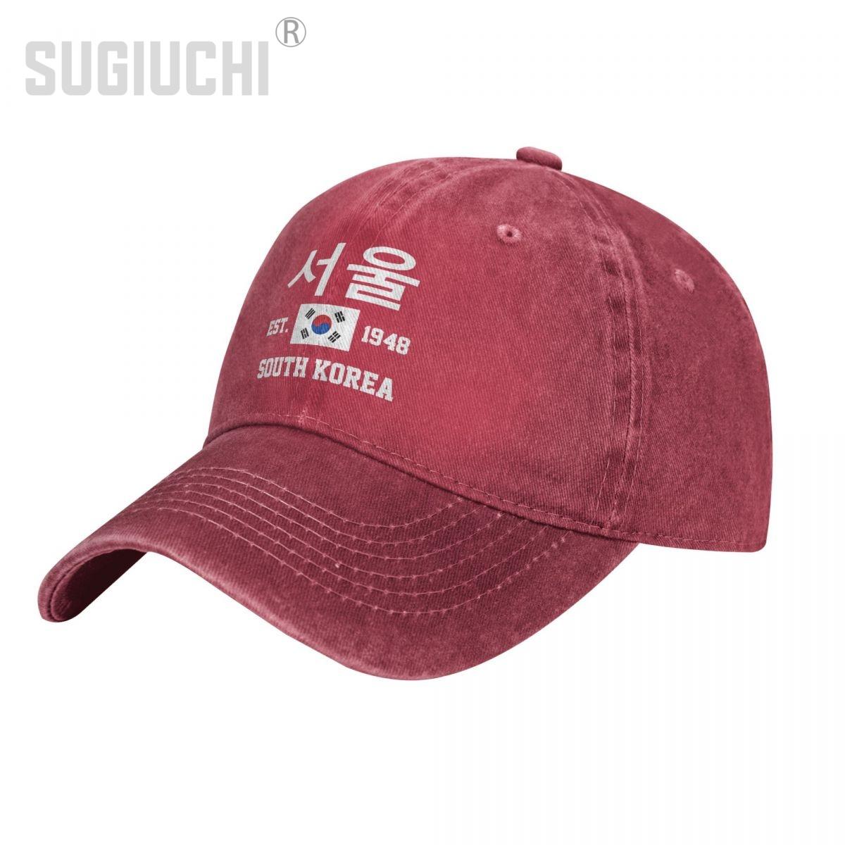 ALLRICK Vlag van Zuid-Korea EST.1948 Seoul Unisex Volwassen Houtskool Gewassen Denim Baseball Cap Unisex Vintage Katoenen Papa Patriottische Trucker Hat One Size