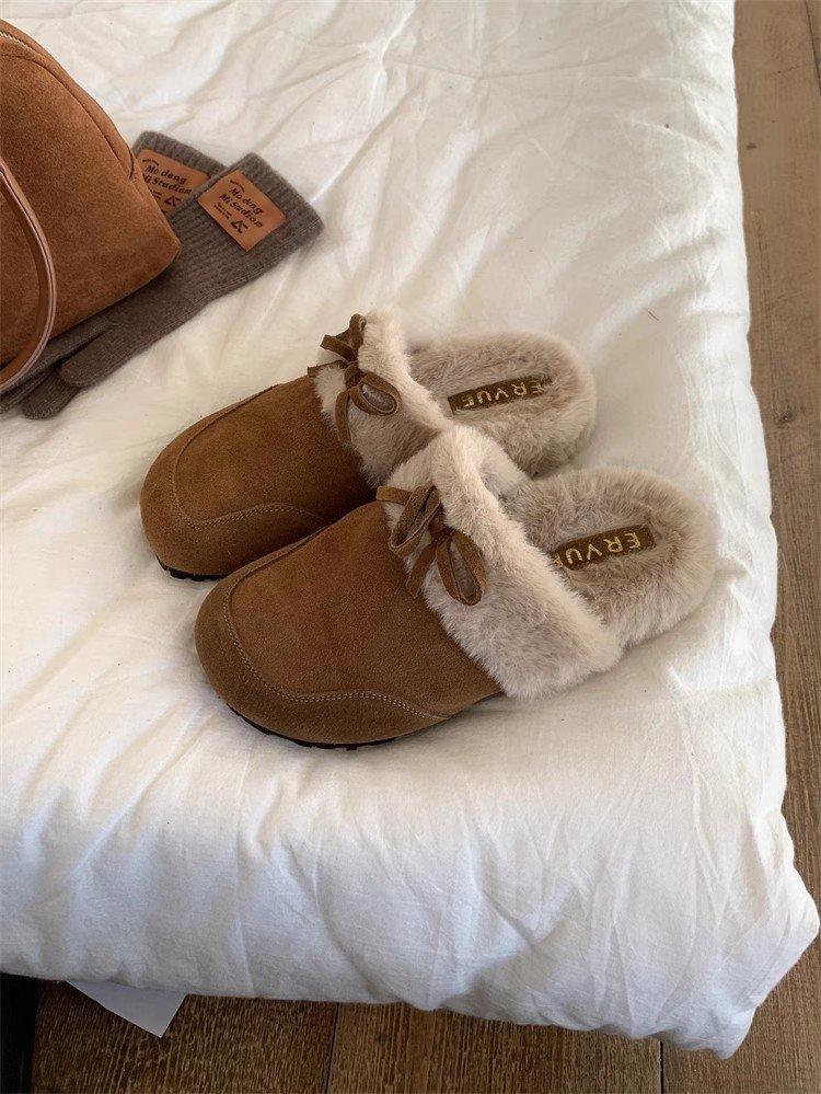 

[Youshilai] Бокен шлепанцы на толстой подошве для женской коллекции осень-зима 2025, новые бархатные теплые с закрытым носком и пушистые шлепанцы 40