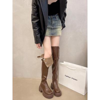 Overknee-Stiefel mit dicker Sohle für Damen Frühling und Herbst neu vielseitig und dünn Retro Stiefel mit dickem Absatz lange Stiefel