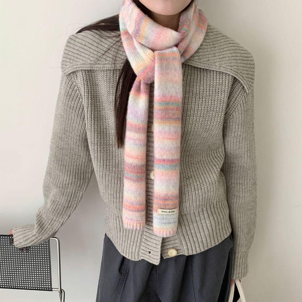 Korean Style Cashmere Knitted Scarf Plush Winter Shawl Fashion Rainbow Striped Scarf  Student