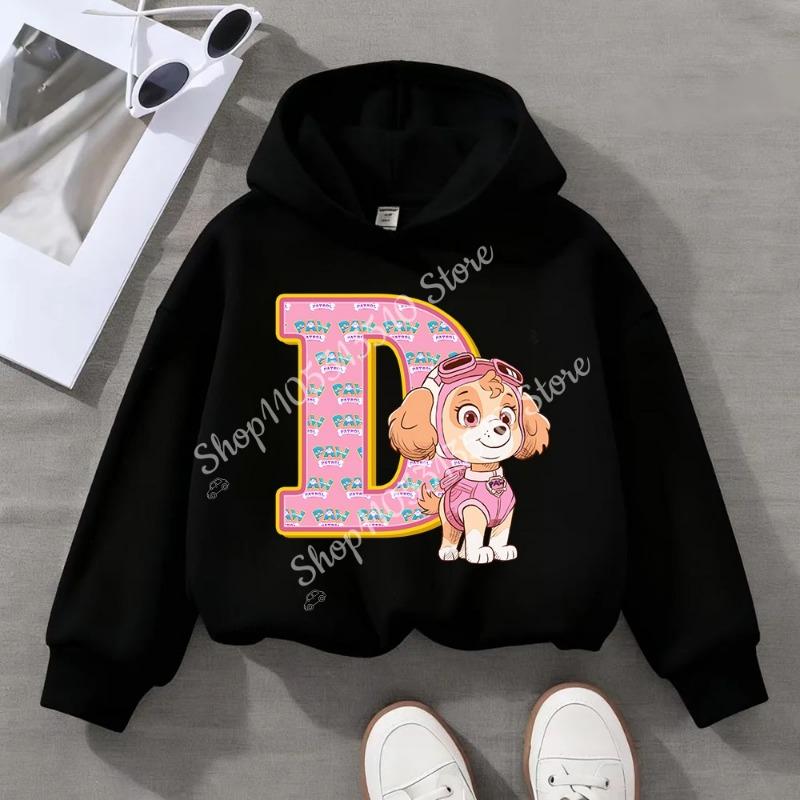 Child Black Long- Sleeve Hoodie Girls Skye Polyester Top Cartoon Letter A-Z Printed Pullover Children Birthday Gifts