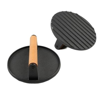 Cast Iron Meat Press Board Flat Top Heavy-Duty Steak Burger Press Wooden Handle Round Rectangular Grill Hamburger Grinder