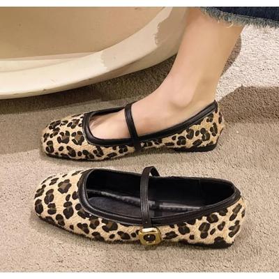 Frühling Herbst Damen Leopardenschuhe Mode Flache Schnalle Damen Ballerinas Quadratische Zehenpartie Damen Mary Jane Schuhe