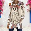 Women Plus Size Round Neck Long Sleeve T Shirt Cute Teddy Bear Pumpkin Print Loose Longline With Pockets