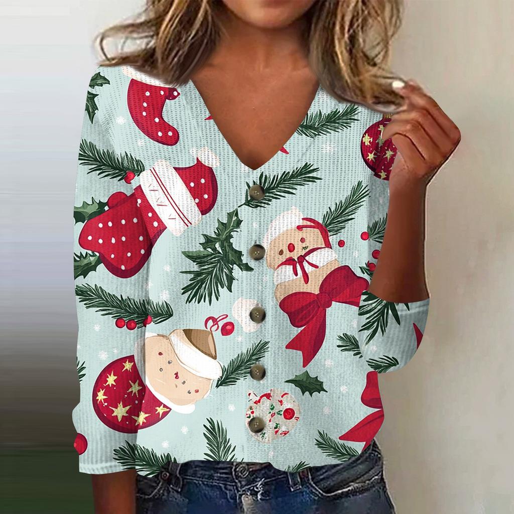 Women's Fashion Print Long Sleeve Knitted Cardigan Button Up Jacket