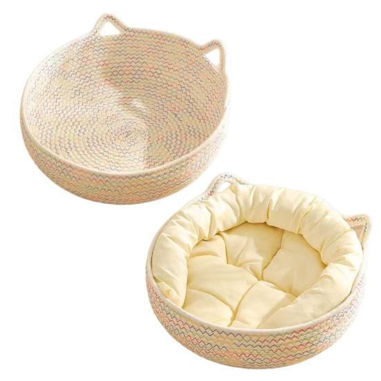 Cat Bed Basket Cotton Rope Pet Bed with Cat Ear Design Handwoven Sleeping Basket for Cats Puppies Rabbits Small Pets