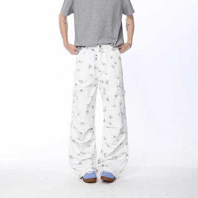 Trend Floral Pleated Wide-leg Jeans Men's and Women's Mid-waist Design Sense Large Pockets Loose and Thin Straight Floor Pants